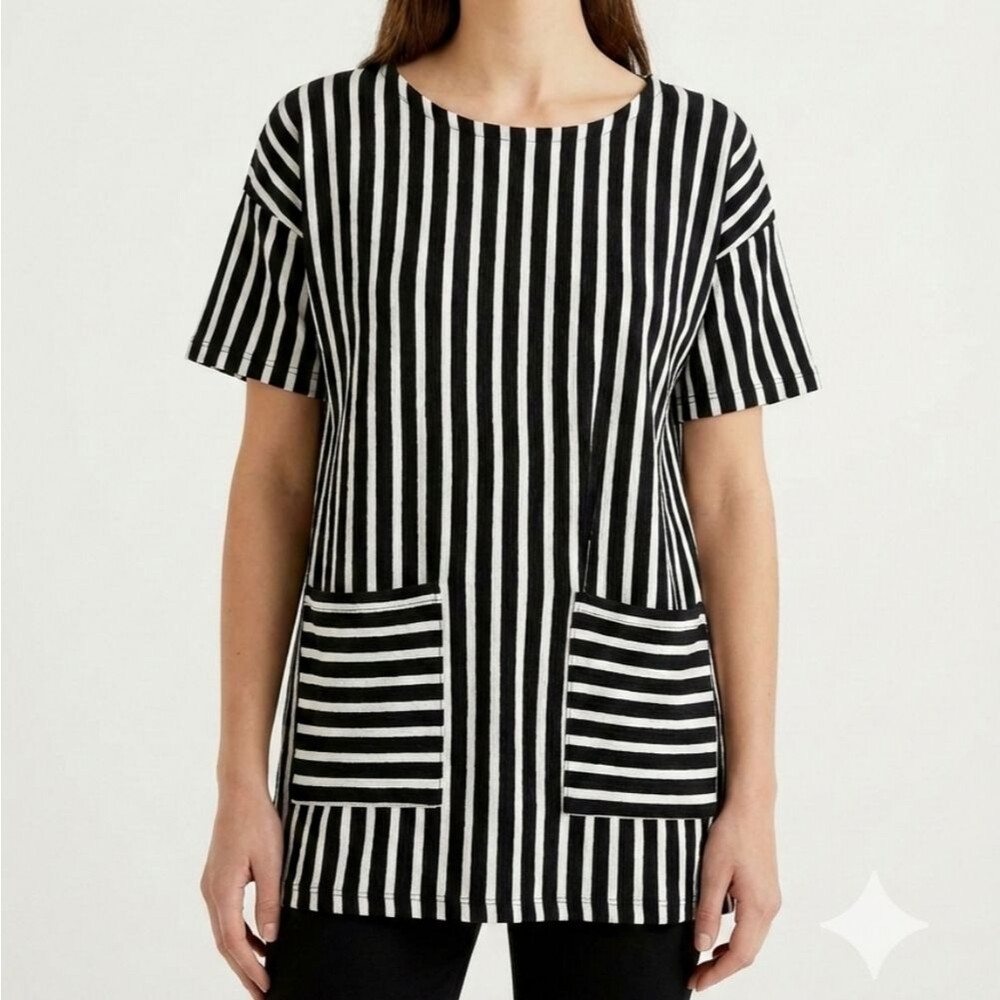Madewell Black & White Stripe Boxy Tunic Top Patch Pockets Short Sleeve Size XS